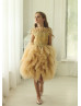 Gold Lace Ruffle Tulle Beaded Flower Girl Dress